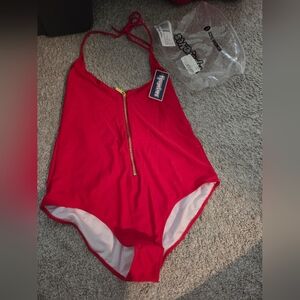 Tipsy Elves Red One-Piece Swimsuit with Gold Zipper
